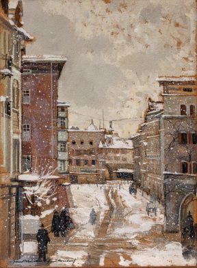 Hans Müller-Schnuttenbach, Inv.Nr. 689.A, Max-Josefs-Platz in Rosenheim im Winter, 1943, Foto Martin Weiand