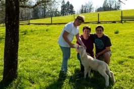 Antonia gibt dem Lämmchen die Flasche, dahinter die Mutter Jana Huber mit Sohn Max