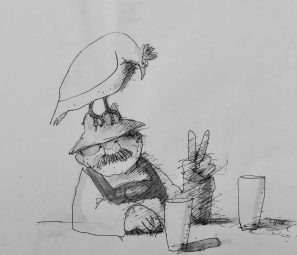 Tomschiczek zeichnung Mann mit Huhn 2