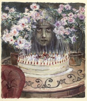 StaedtischeGalerieRosenheim_LeoPutz_GeburtstagstortemitKerzen_Aquarell_1896_GaestebuchBand3©SchlossNeubeuern