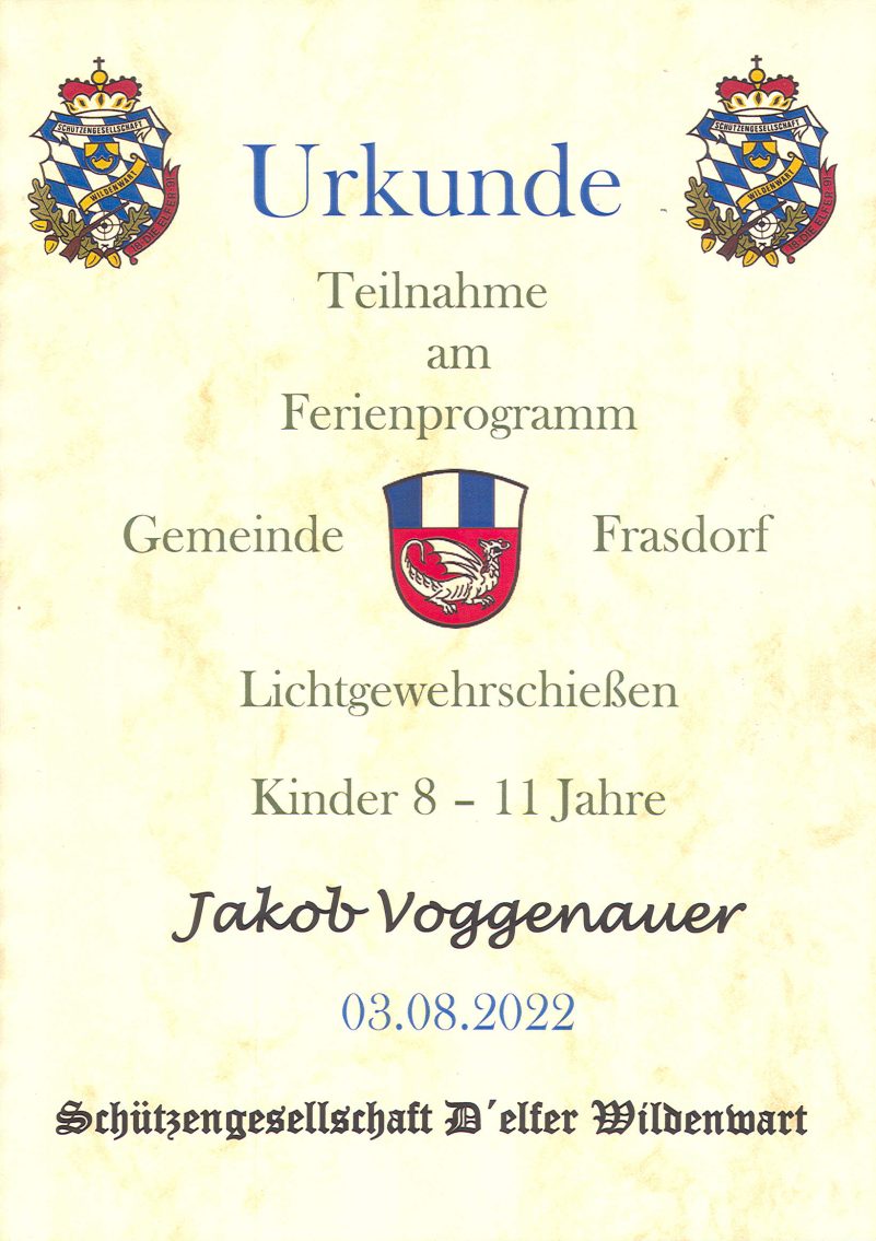 Urkunde Lichtgewehr-Ferienprogramm_Frasdorf
