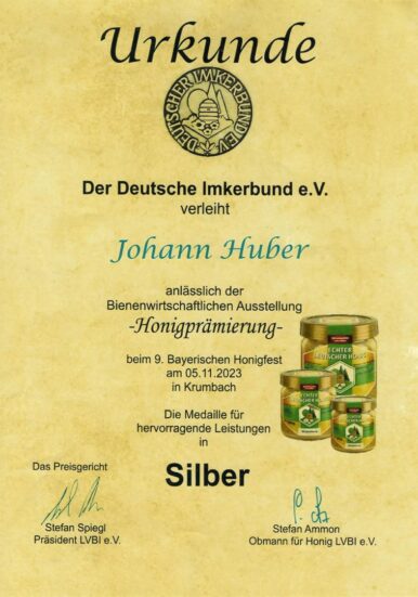 Honigpraemierung 2023_Urkunde Silber_Johann Huber_Instagram