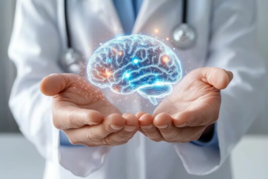 Doctor Holding Glowing Brain Hologram in Lab Coat for Mental Illness and Neurology Diagnosis Concept