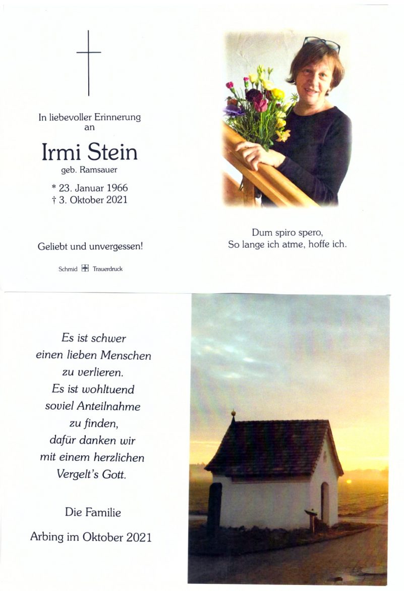 2Sterbebild 2 Seiten Irmi Stein